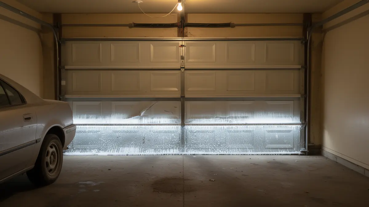 A white garage door is partially open with a car parked inside.