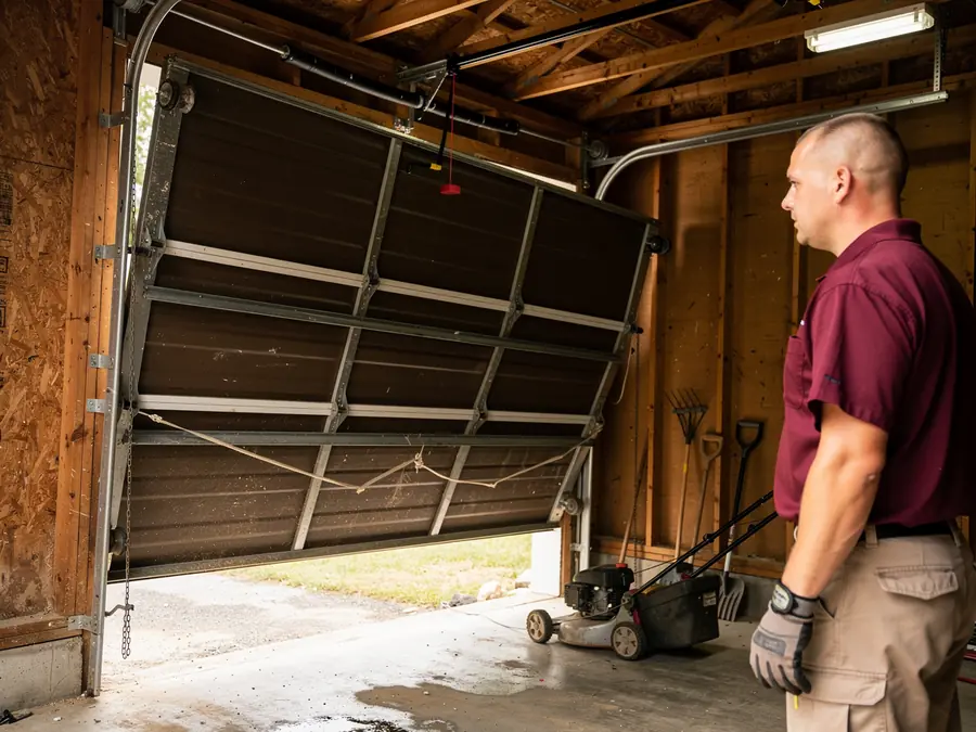 A technician stands next to a brown garage door that is off its tracks.