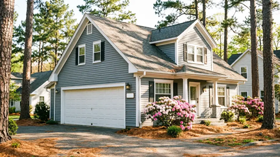 The house has gray siding, a white garage door, and pink flowering bushes.