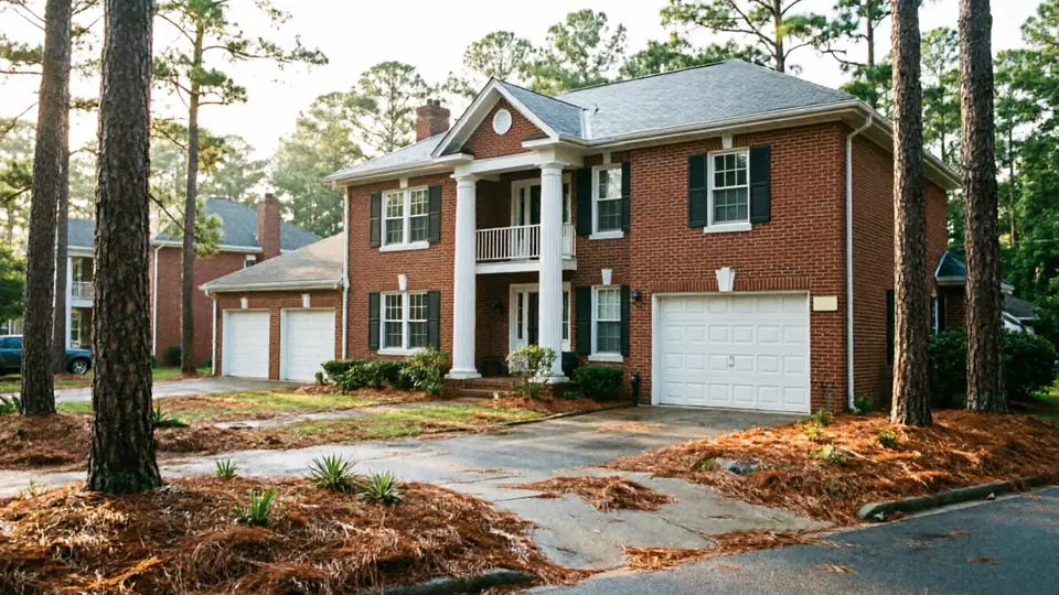 A large brick house has three white garage doors and a columned porch.