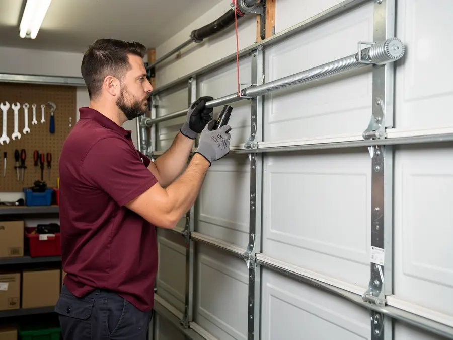 A technician in gloves works on a garage door torsion spring.