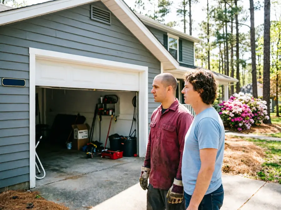 Two technicians stand in front of a house with an open garage door.