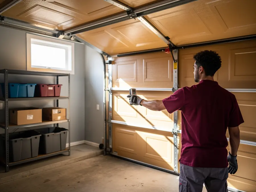 A technician in a maroon shirt holds a remote, facing a brown garage door.