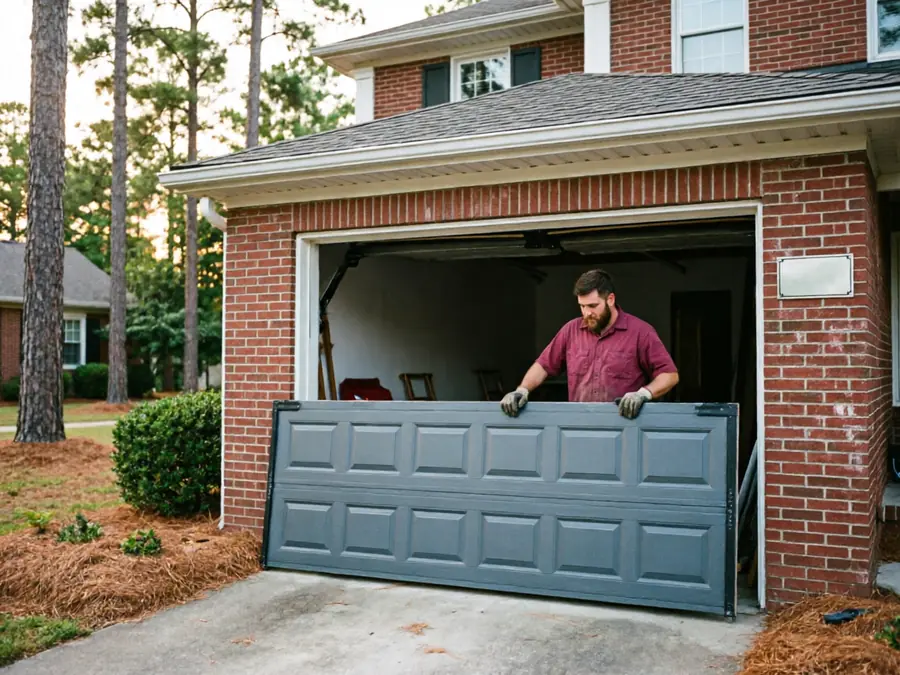 A technician installs a gray garage door panel on a brick house.