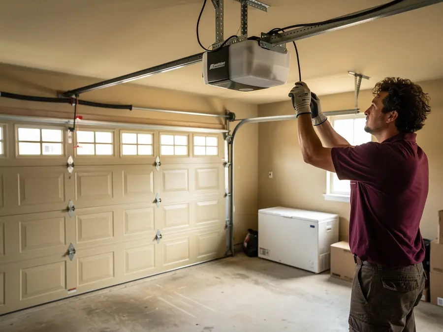 A technician works on a garage door opener above a closed garage door.