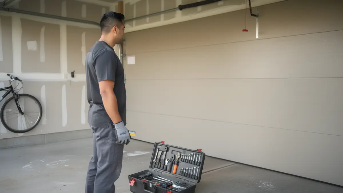 A technician stands in a garage with an open toolbox and a closed garage door.